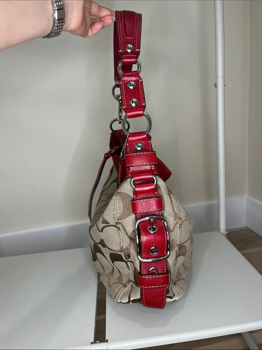 Coach Signature Canvas Hobo Bag in Red and Khaki
